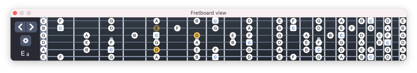 フレットボードビュー。指板上に音の位置が表示されている。