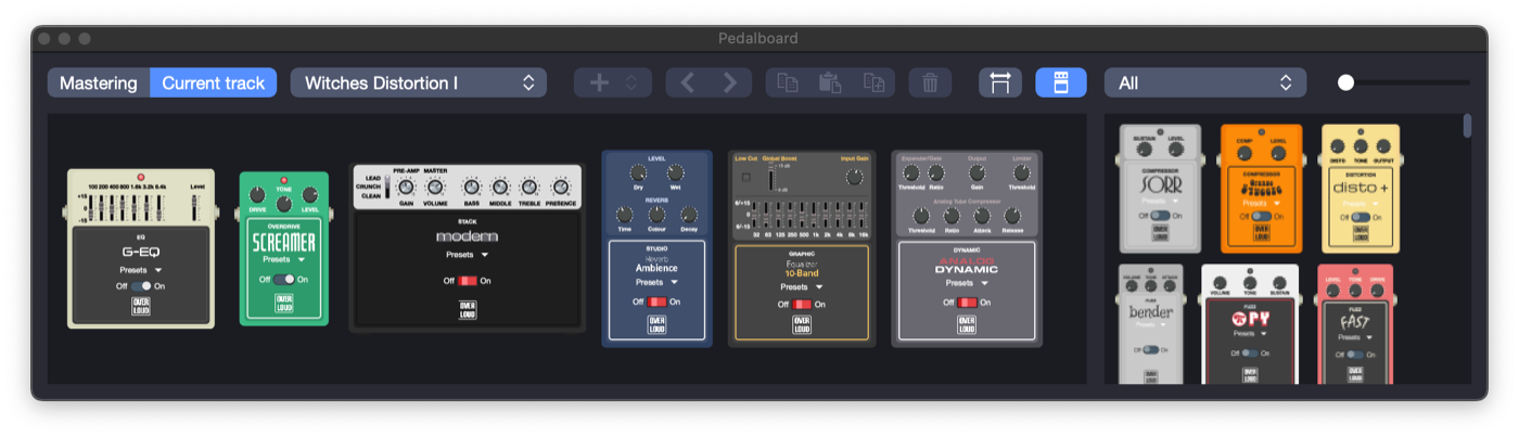 ペダルボード画面。エフェクターを並べてトラックの音を作れる。