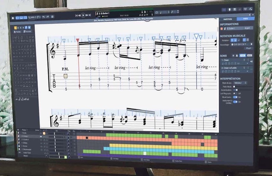 モニターに表示された Guitar Pro 8 の譜面編集画面